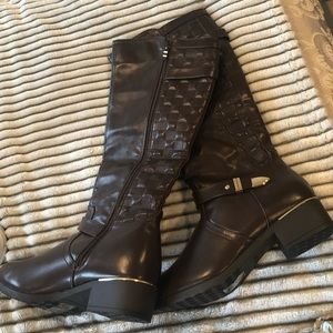 Brown and gold boots